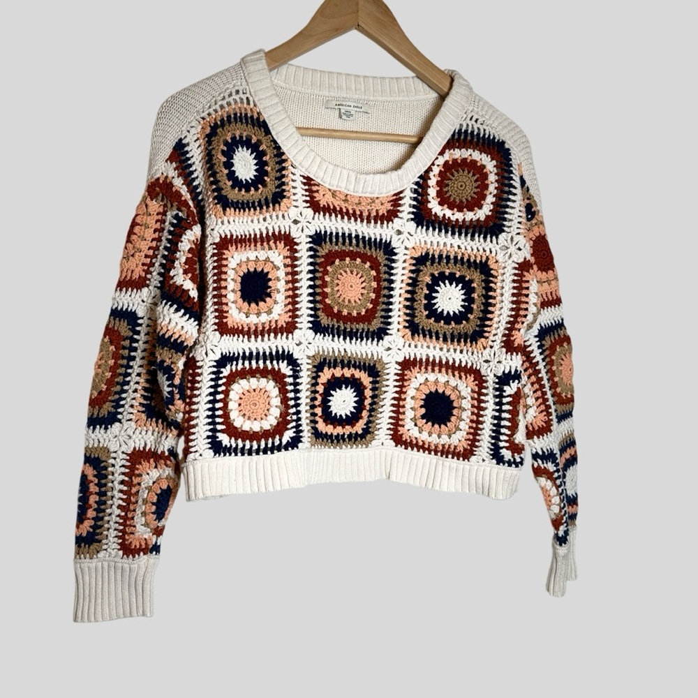 American Eagle Outfitters Patchwork Crochet Sweater - Cream, Navy, Rust